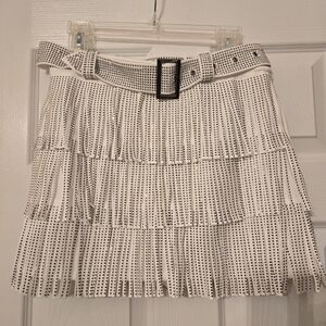 Nylon Apparel Fringed White Mini Skirt With Silver Sparkly Studs Sz M